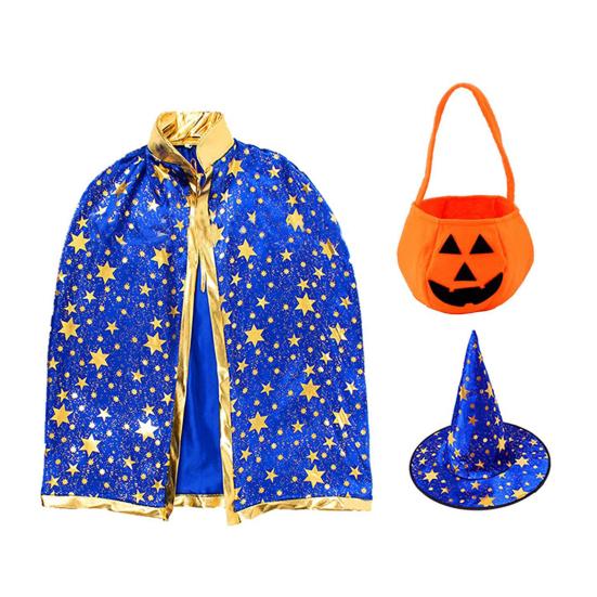 Child Witch Costume Unique Anime Cosplay Cape Hat Set Sparkling Pentagram Design with Pumpkin Bag Halloween Party Supplies