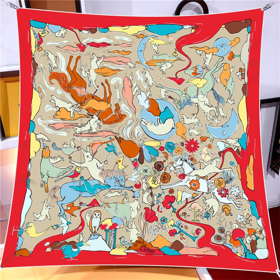 

90Cm Rabbits Printed Twill Silk Scarf Shawl Square Scarves Wraps Women Hijabs Luxury Bandana Foulards Head Neckerchief 90CM x 90CM