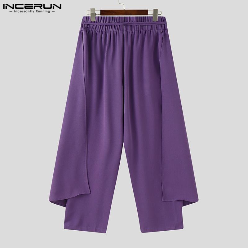 INCERUN Men Elastic Waist Layers Solid Color Casual Loose Long Trousers Pants