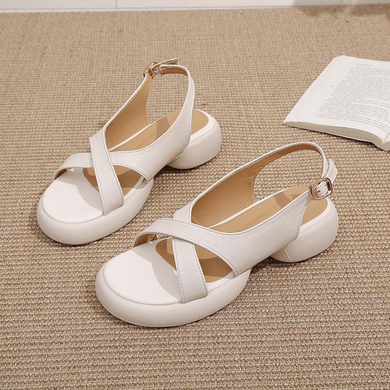 Crossed open-toed sandals women's 2025 summer new comfortable thick-soled one-word with shit-stepping imitation leather sandals