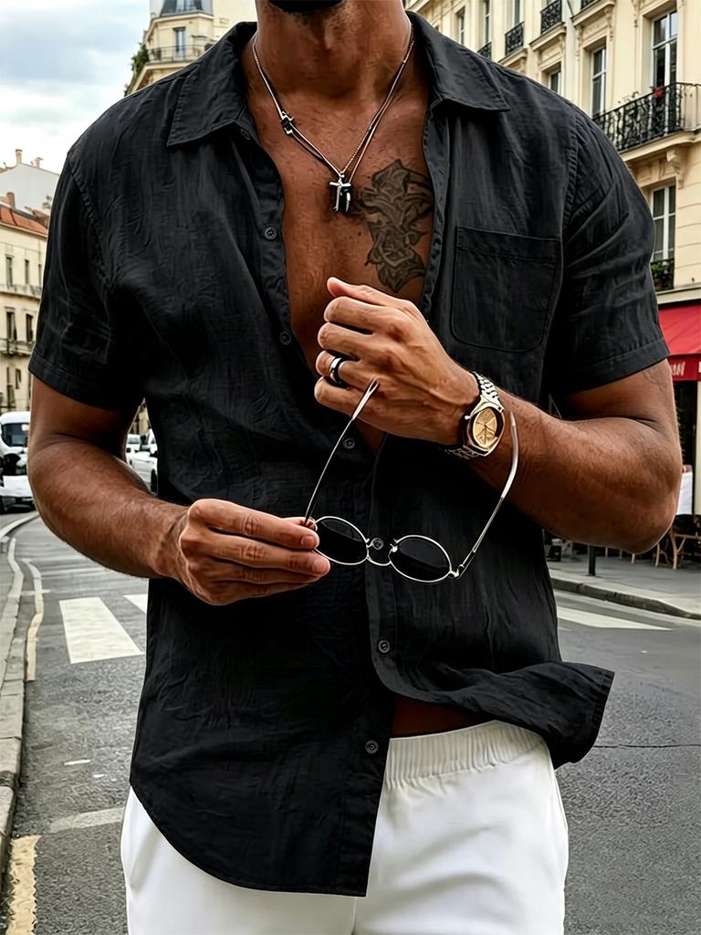 Men's White Textured Short Sleeve Button-Up Shirt with Chest Pocket - Lightweight Summer Vacation Top