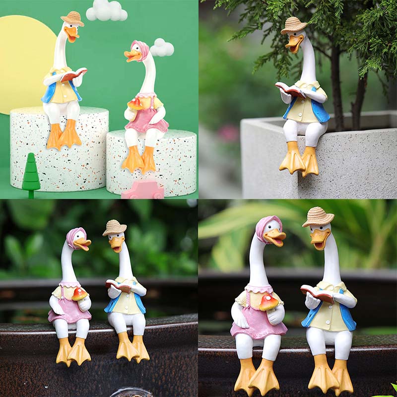 Duck Outdoor Garden Ornaments Reading Couple Animals Sculpture Decorations 22 Cm Pair Of Ducks Resin Gift IndoorPatio Decor