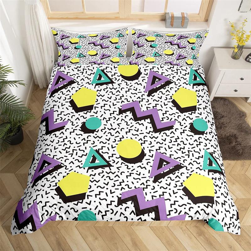 Retro 80s Style Bedding Set Twin King Size Abstract Geometric Pattern Duvet Cover Set Microfiber Circle And Triangle Quilt Cover