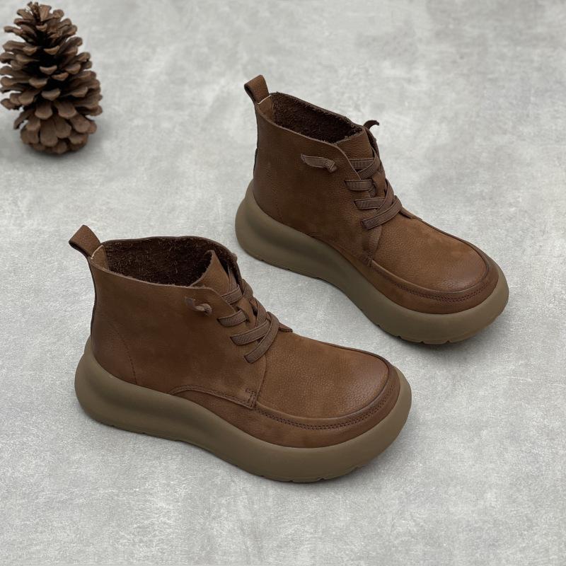 Fashion GKTINOO Lace Up Women Ankle Boots Round Toe Platform Shoes Woman Short Boots Thick Soled Handmade Genuine Leather Women Shoes