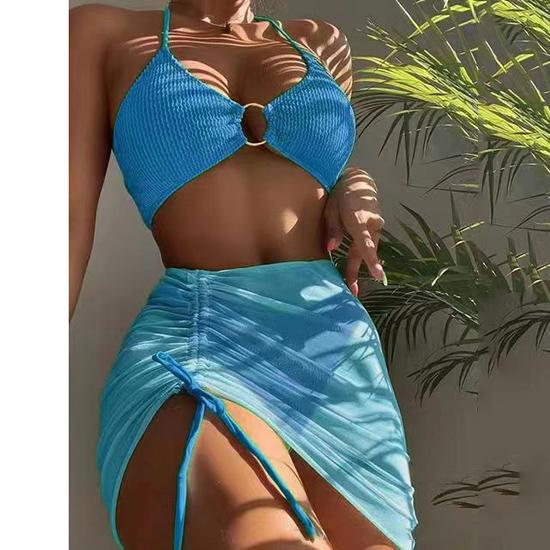 European-American Style Split Swimsuit Women's Body-fitting Solid Color Sexy Swimsuit Neck Hanging Three-piece Bikini Beach Fashion Swimsuit