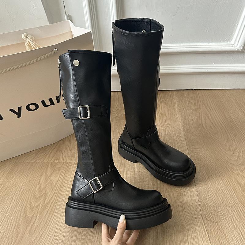 Thick heel thick sole thin elastic boots boots women's 2025 new autumn and winter brown small tall knight boots