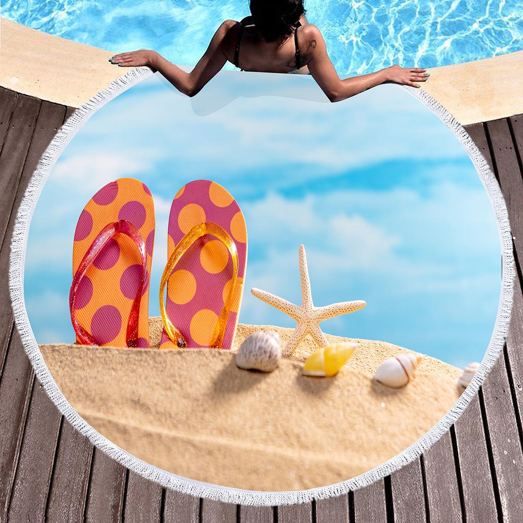 Beach Starfish Shell Round Beach Towel, Microfiber Beach Blanket, Absorbent Quick Dry Sand Free Pool Towel Portable Picnic Mat