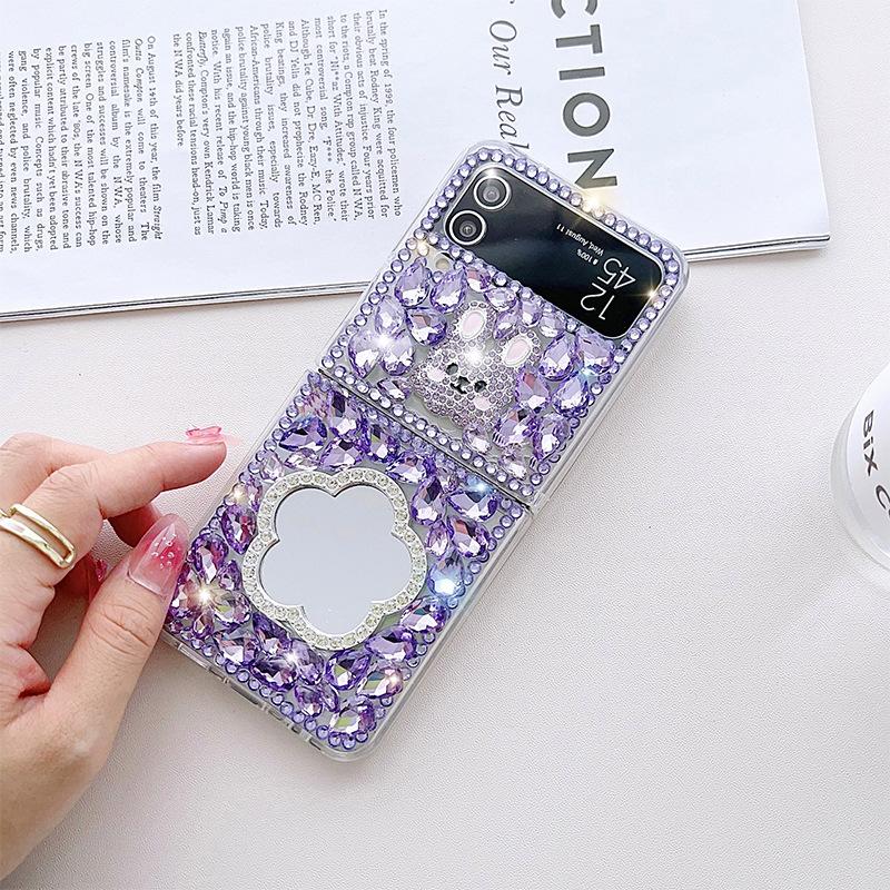 

Applicable To Samsung Zflip4 Mobile Phone Case Luxury Full Diamond Cat Flower Glass Mirror Wind Bunny Samsung zflip5
