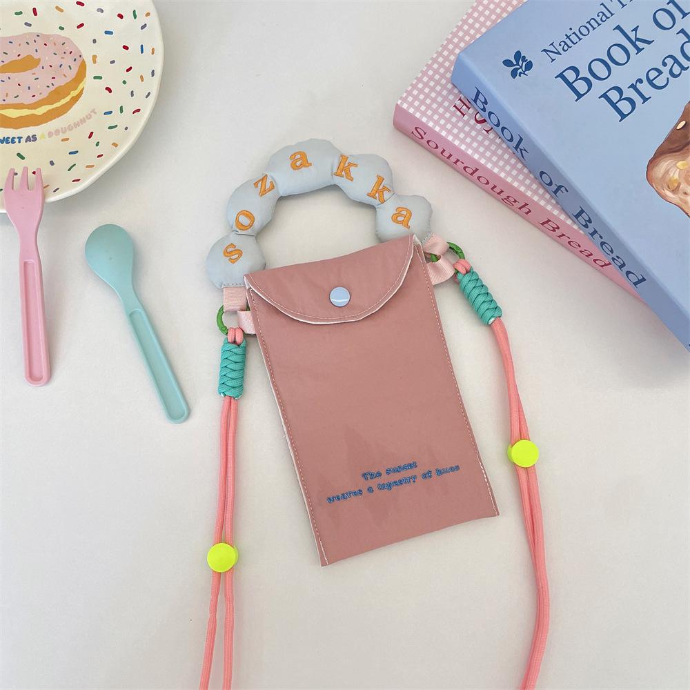 1 New Contrasting Color Embroidery Mobile Phone Bag Mini Handbag Small Fresh Canvas Portable Messenger Mobile Phone Bag