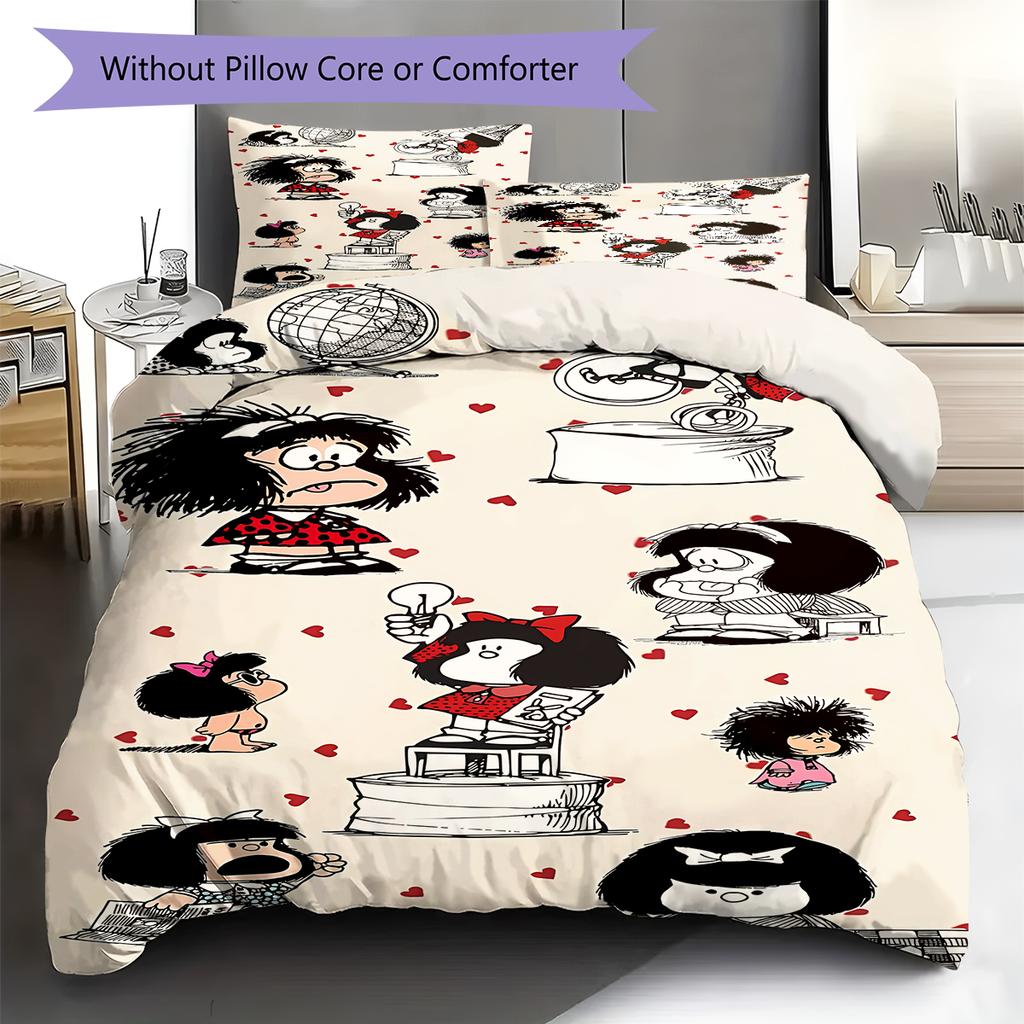 Pościel z wzorem Mafaldy, Zestaw kołdry Poszewka na kołdrę Poszewka na poduszkę Domowy prezent urodzinowy (1 * poszwa na kołdrę + 2 * poszewki na poduszki, bez rdzenia)