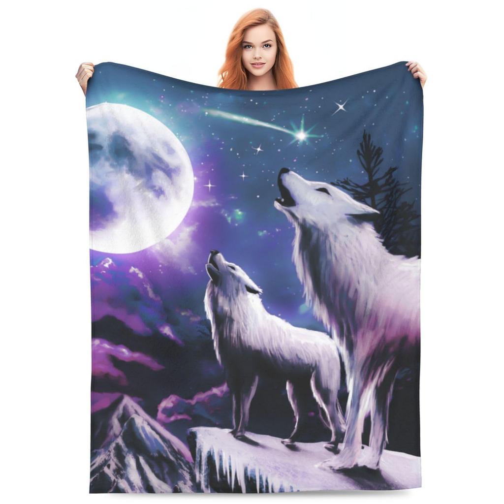 Wolf Series under the Moonlight digital-printed polyester velvet flannel cover blanket Fleece soft sofa cover blankets for beds