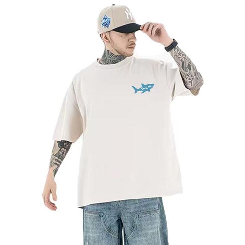 Unisexs Summer Shortsleeved Washed Vintage G Cotton Shirt with Fish Pattern Pure Cotton Casual and Loose Tshirt