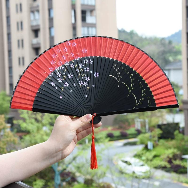 Mengyilian Chinese Style Cherry Blossom Fan Black Cheongsam Han Dynasty Archaic Folding Fan Dance Bamboo Foldable Japanese Style Chinese Folding Fan