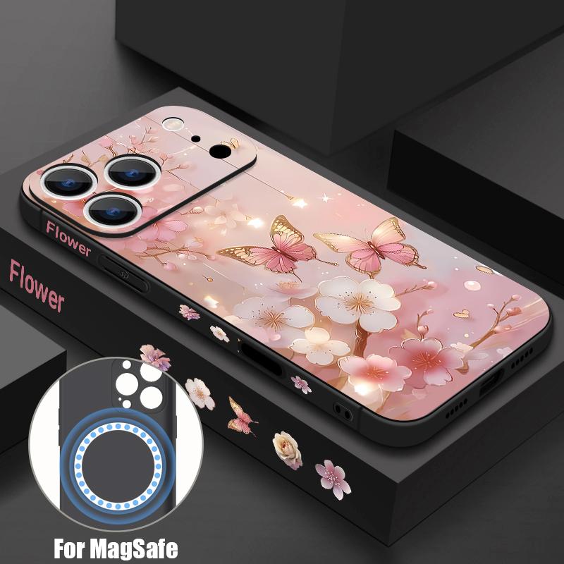 For iPhone 17 Pro Max Case Dream Butterfly Floral Pattern Magnetic For Magsafe Silicone Cover For iPhone 16 Pro Max Funda iPhone 15 14 13 12 11 16E