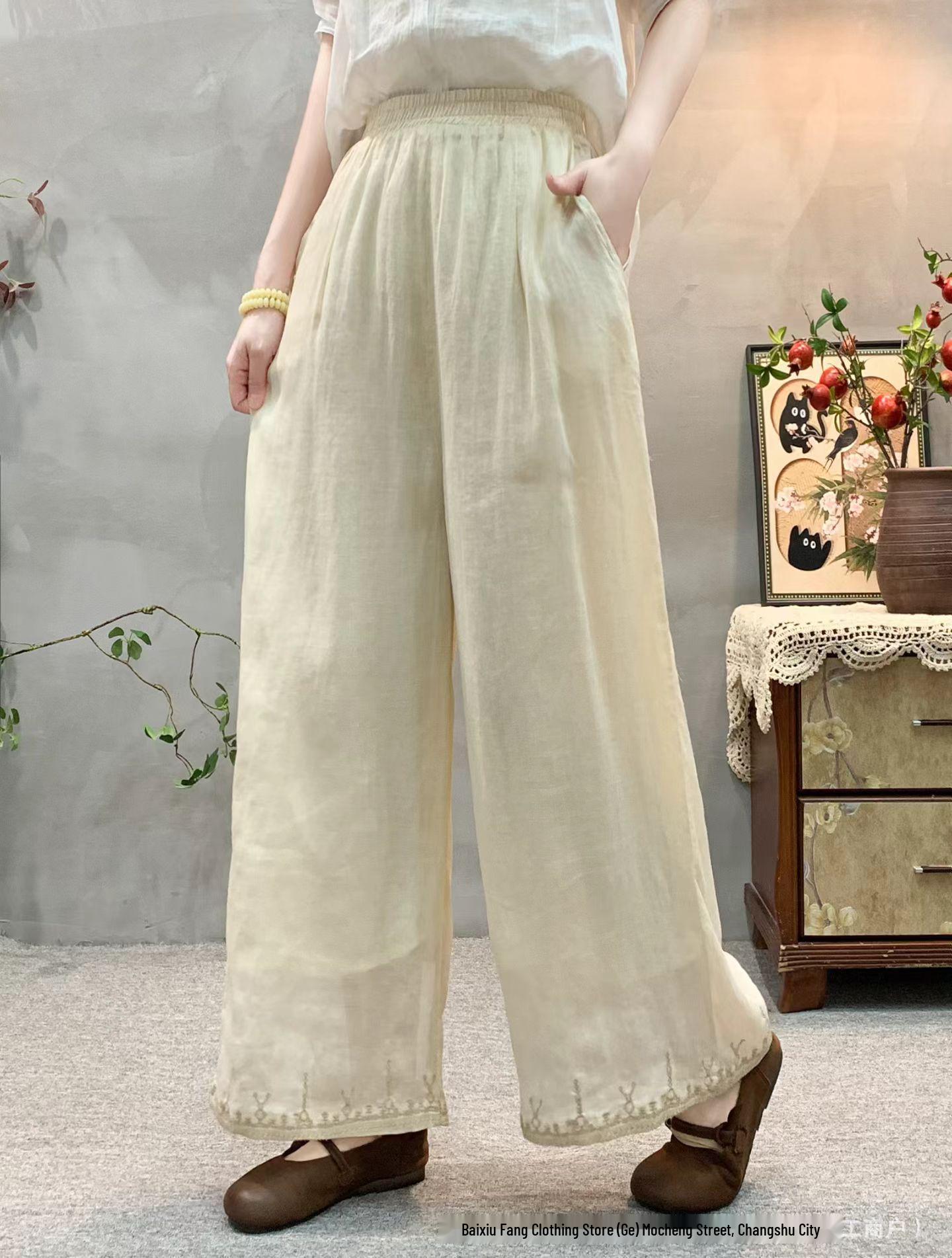 

Women s 2026 Spring/Summer High Waist Wide Leg Linen Pants with Elastic Waist and Retro Embroidery One Size