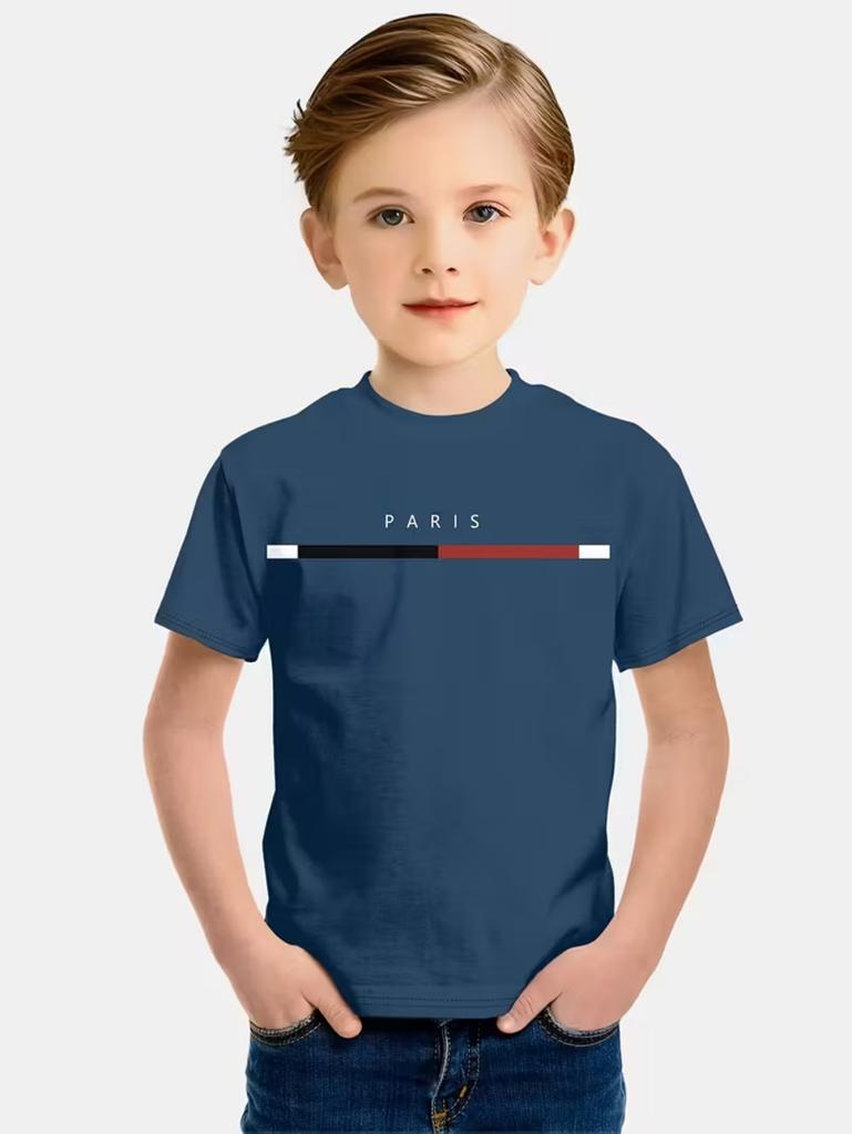 T-shirt da ragazzo Semplice Stampa Lettere Parigi Estiva Manica Corta Magliette Ampie Moda Girocollo Righe Streetwear Abbigliamento Bambini
