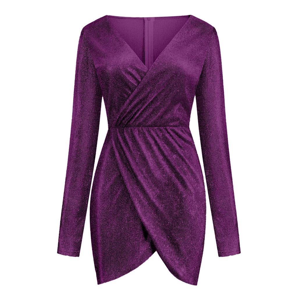 Módní dámské šaty s horkou ražbou, dlouhý rukáv, výstřih do V, sexy