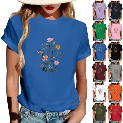 Women's Fashionable Round Neck Casual Retro Print Short Sleeved T-shirt Top