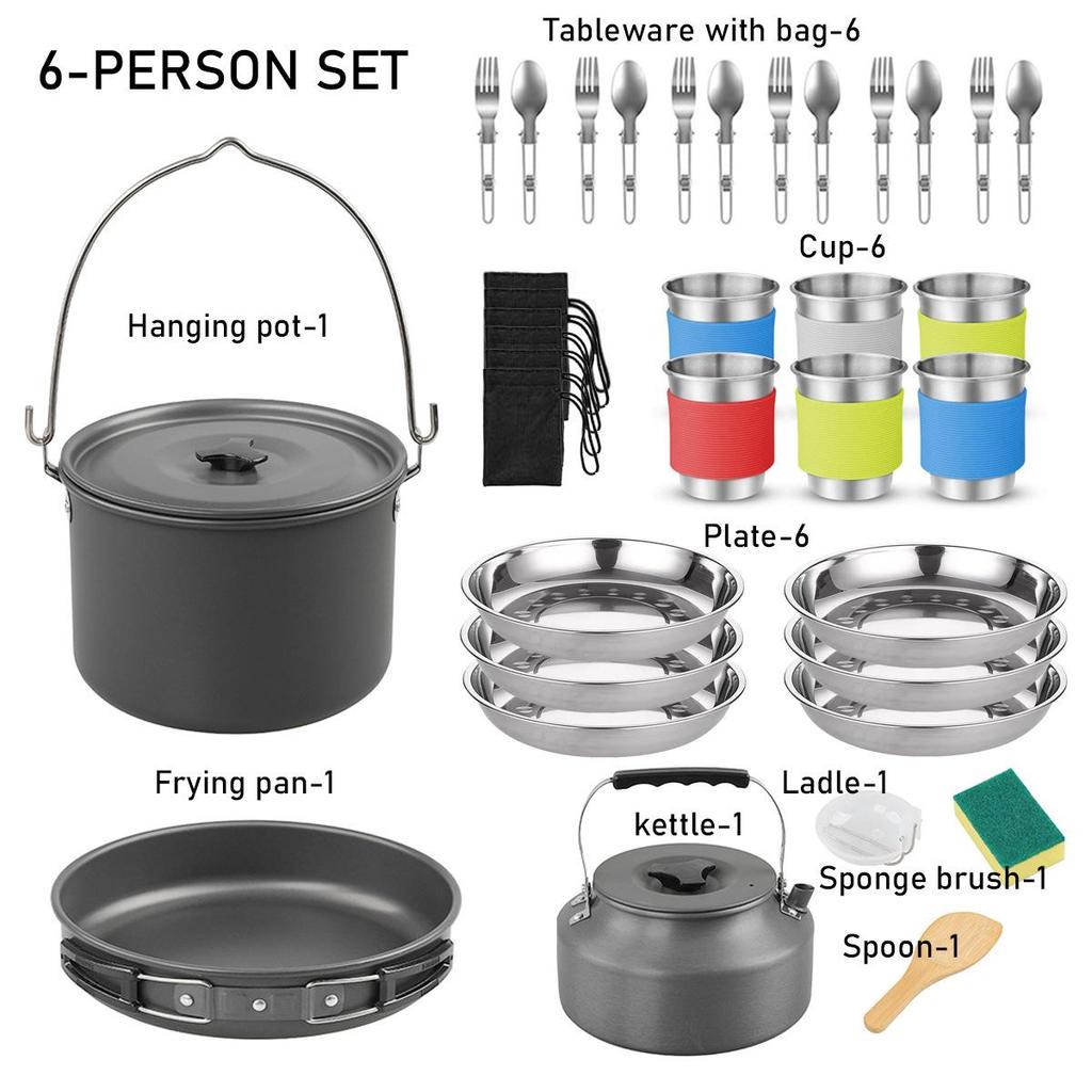 Tetera de Camping para Exteriores de 1.6L y Juego de Utensilios de Cocina Apilables con Olla Colgante y Plato Profundo
