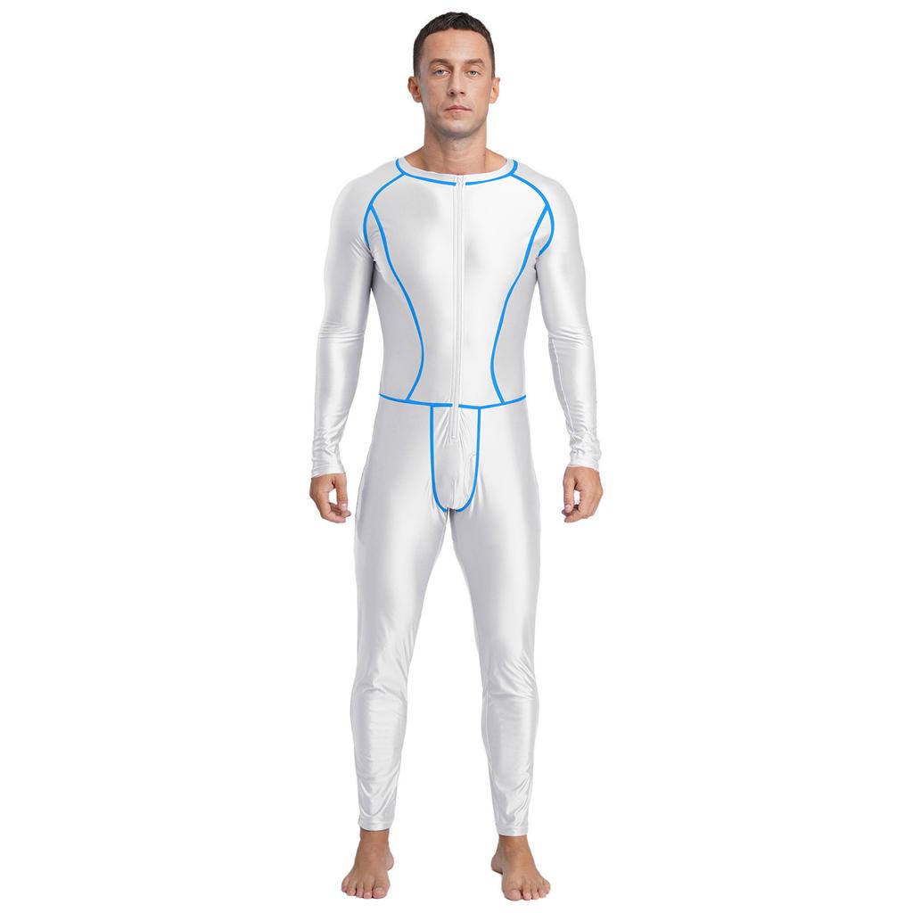 Glänzender Kompressions-Jumpsuit für Herren, Slim Fit, Außen mit flachen Nähten, Reißverschluss vorne, Langarm, Lange Hosen, Yoga-Romper