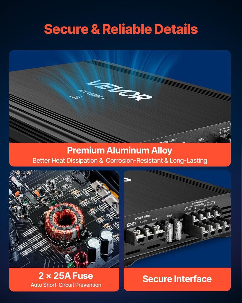 Car Audio Amplifier, 4-Channel Bridgeable Car Amplifier, Multichannel Class AB Stereo Amp, Max. 4 x 250W at 4 Ohms / 4 x 500W at 2 Ohms, High Output,