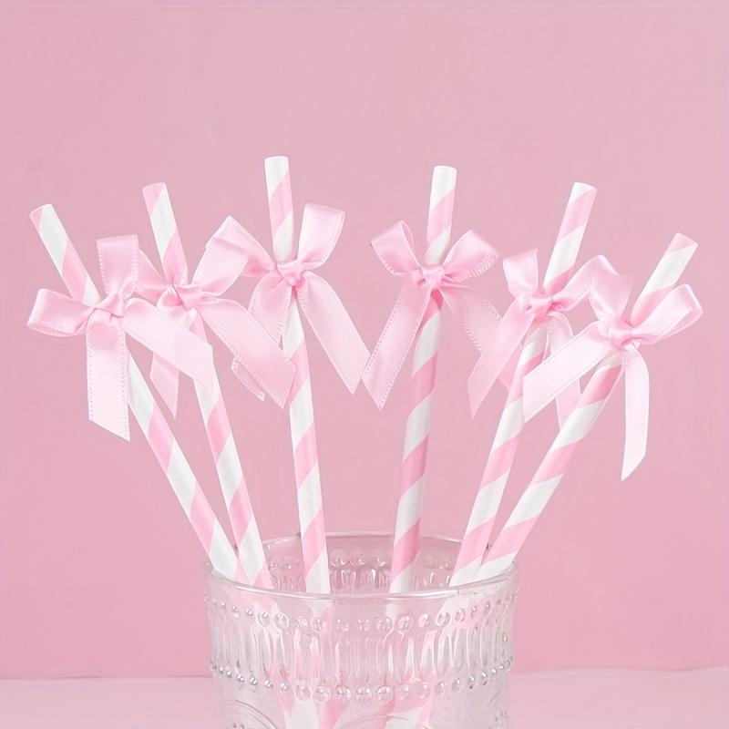 10pcs Pink Striped Bow Paper Straws, Disposable Drinking Straws for Birthday, Wedding, Baby Shower Party Decorations