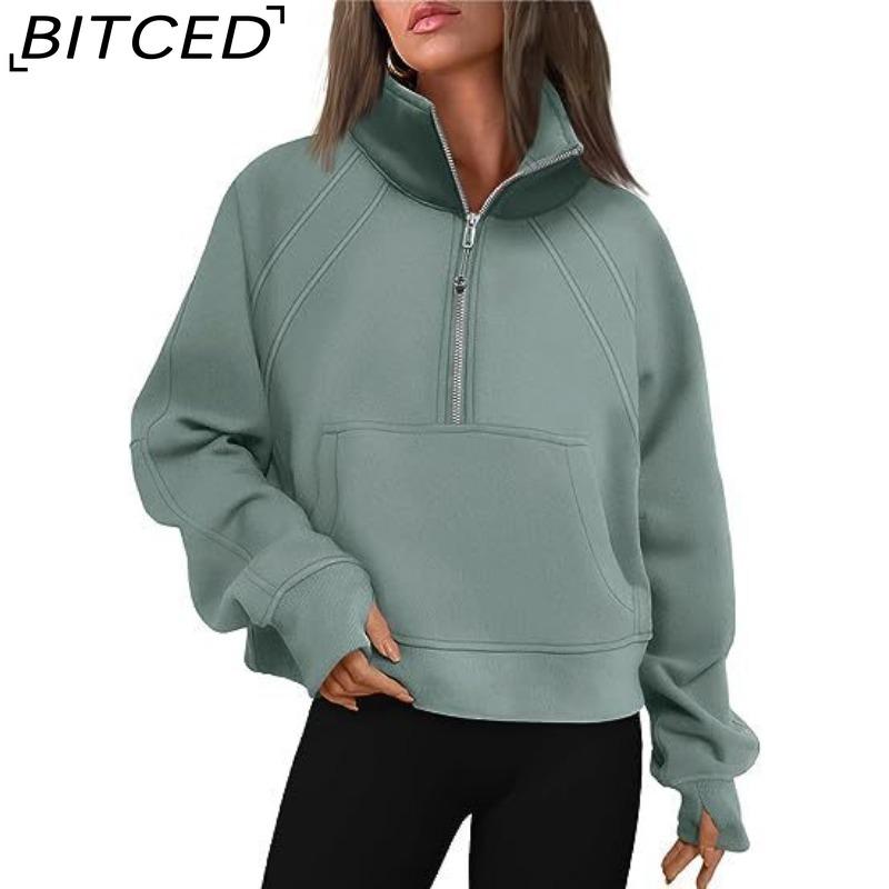 BITCED Autumn/Winter Women's Half-Zip Short-Sleeved Stand Collar Fleece-Lined Solid Colour Sweatshirt