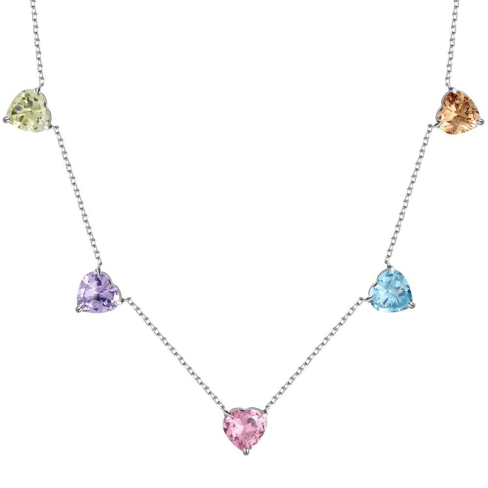 

Genuine S925 Silver Necklace Multicolor Gemstone Heart Pendants & Cubic Zirconia Elegant Gift for Women Girlfriend, Mom 35-45cm&Platinum Plated