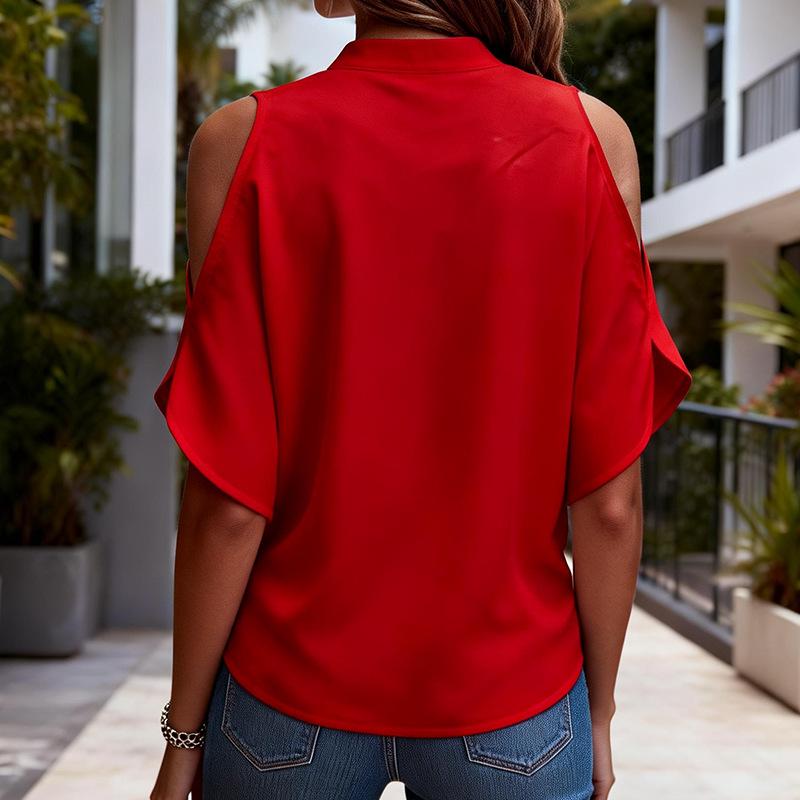 2026 Women's Off-the-Shoulder High-End Solid Color Short Sleeve Loose Shirt Base Layer