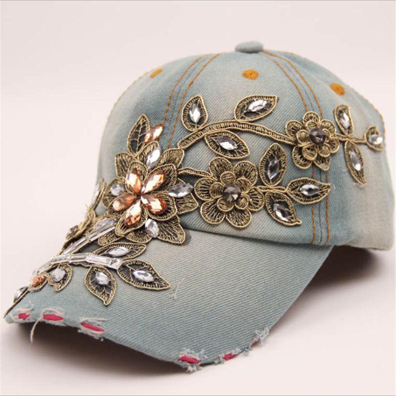 Fashion Hat Women's Diamond Golden Silk Flower Denim Baseball Cap Fashion Outdoor Shade Sun Protection Cap Casual Trendy Cap