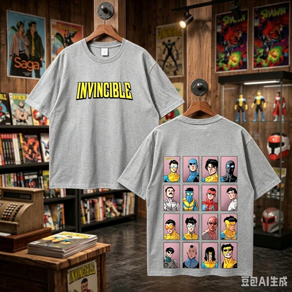Yenilmez Çift Taraflı Baskılı Tişört Ön Harf Arka Karakter Izgara Çizgi Roman Oversize Grafik Tişört Unisex Günlük Sokak Giyim Anime