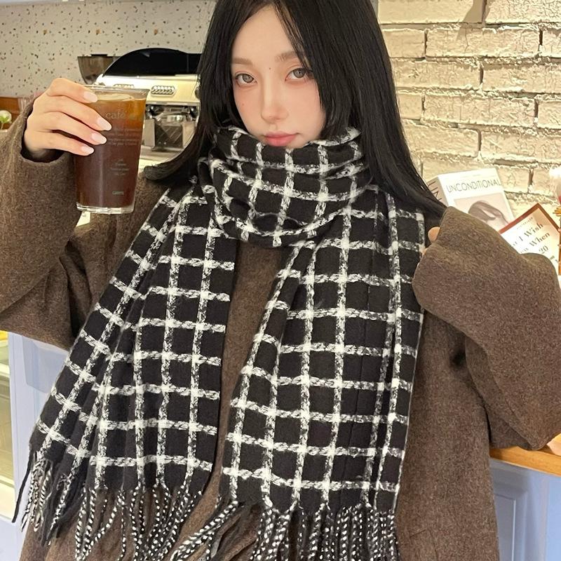 Women's Faux Cashmere Plaid Scarf - Korean Style, Thick & Warm Autumn/Winter Shawl