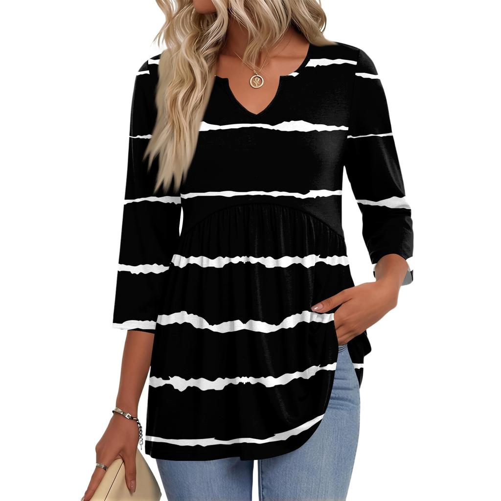 Women's Casual Striped Print V-Neck Three-Quarter Sleeve Blouse
