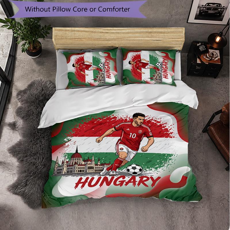 Hungary Football Pattern 3 Pieces Bedding Set Soft Microfiber Duvet Cover with Pillow Cases for Bedroom
