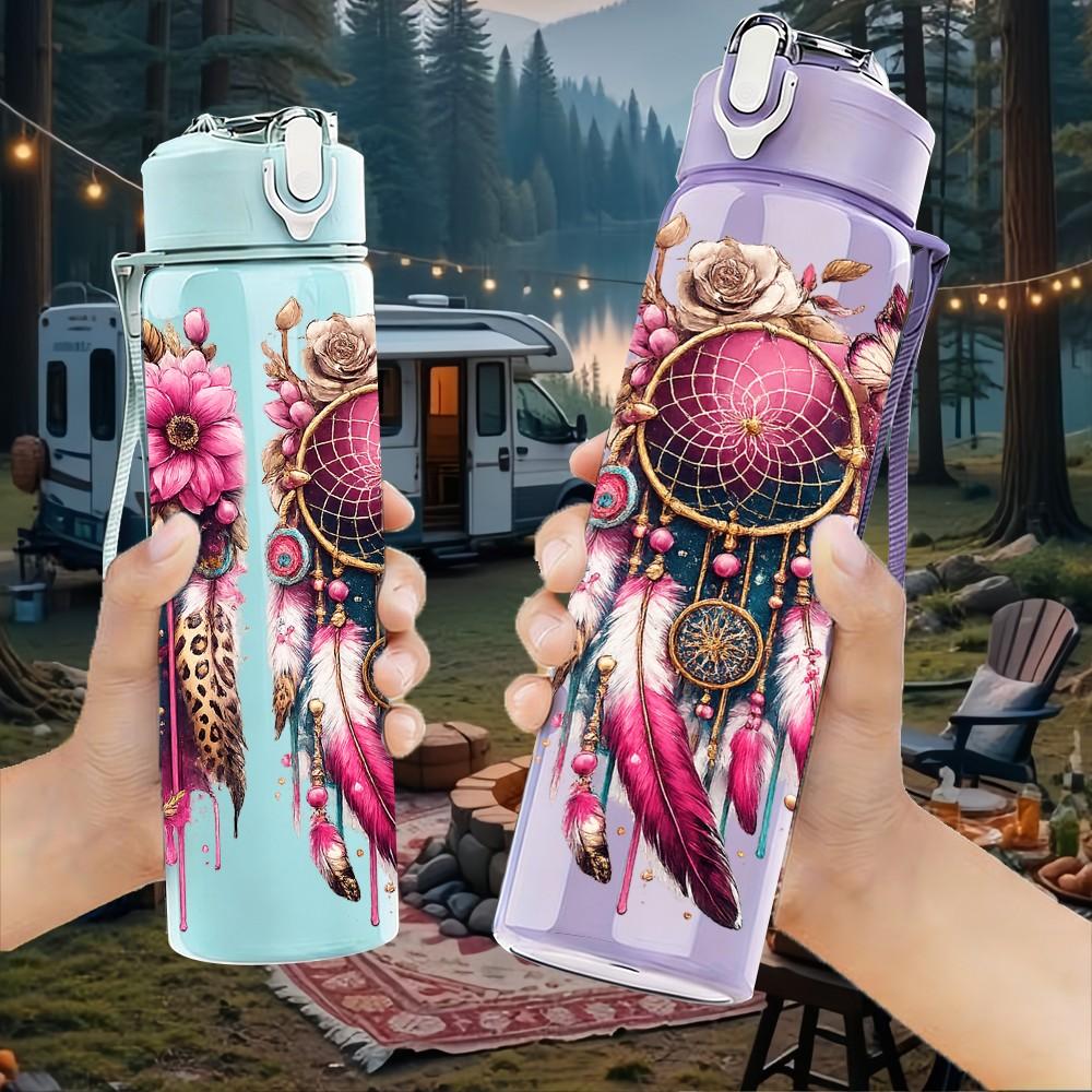 1PC Bohemian Color Flower Print 750ml Color Plastic Sports Water Bottle Leakproof Flip Straw Lid Suitable for Sports Office Home Use