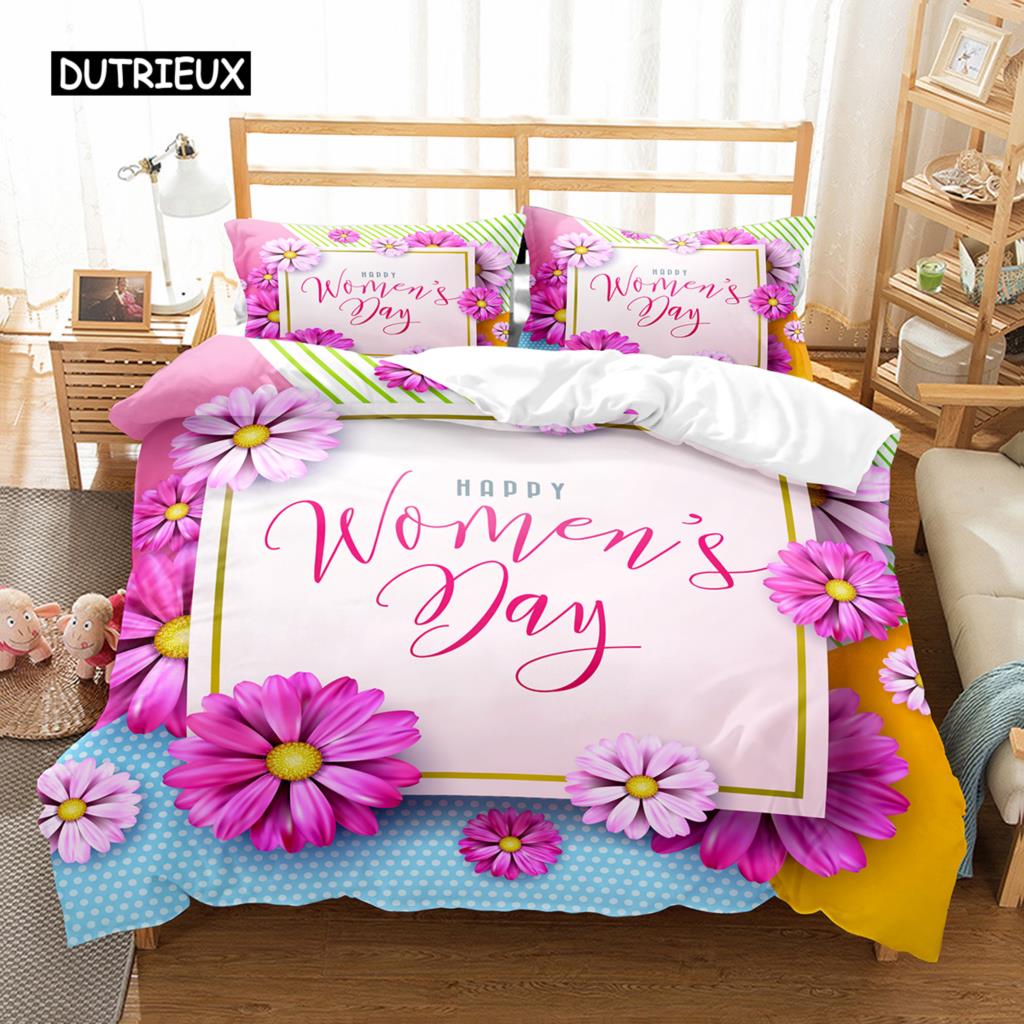 Romantisches Blumendesign Bettbezug-Set Alles Gute zum Frauentag Bettwäsche-Set Polyester 8. März Bettdeckenbezug Einzel- King-Size Für Mutter Geschenk