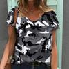 Women Print V Neck Short Sleeve Casual Loose Tunic Tops