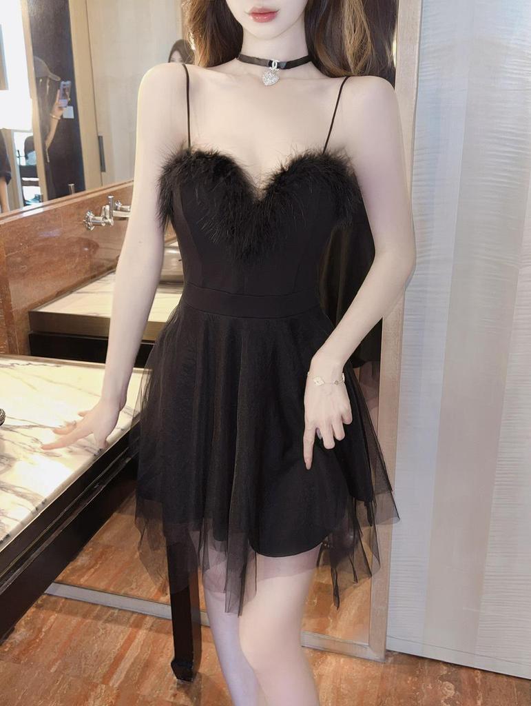 Sultry Mesh Deep V Fur Collar A-line Dress with Irregular Hem