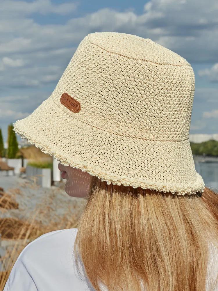 Women's Summer Knitted Straw Bucket Hat - Breathable Frayed Edge Sun Hat, UV Protection Casual Fisherman Cap for Beach Travel