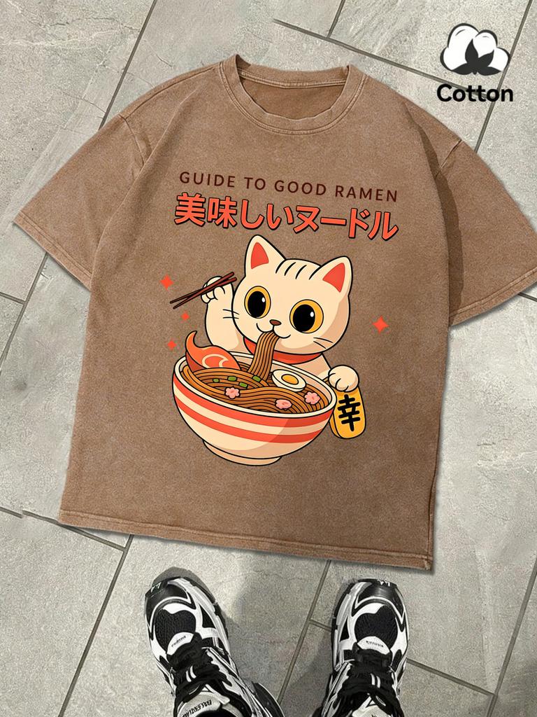 Guide To Good Ramen Print Washed TShirt For Men Summer Loose ONeck Tee Soft Cotton Clothing Unisex Fashion Short Sleeve