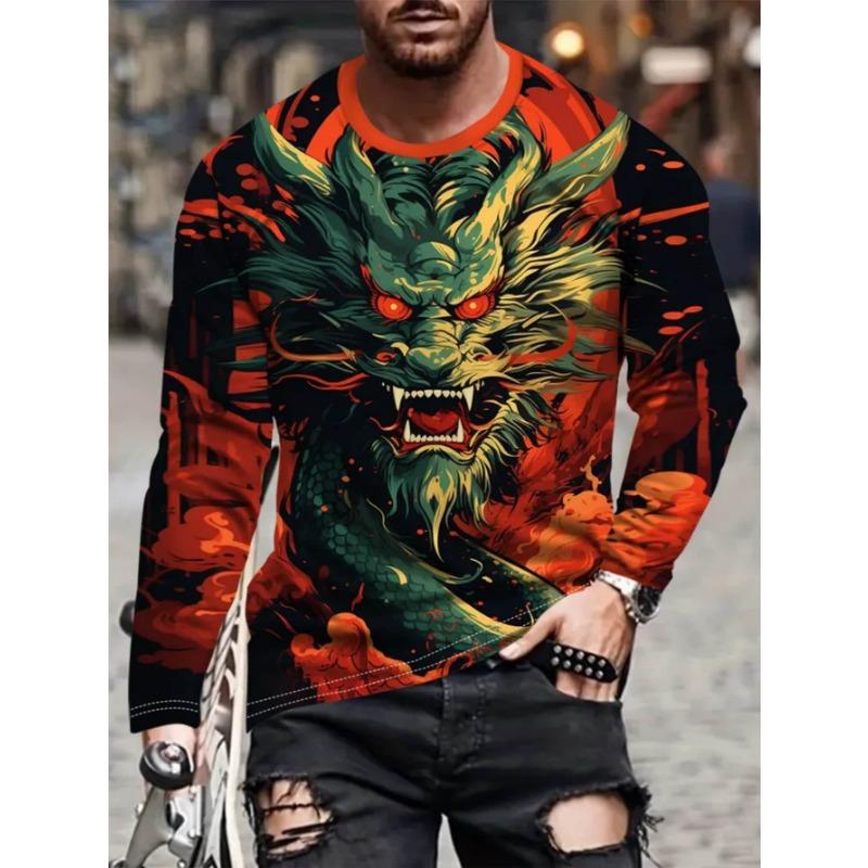T-shirt da uomo a maniche lunghe stampata in 3D, top da uomo comodo, traspirante e versatile