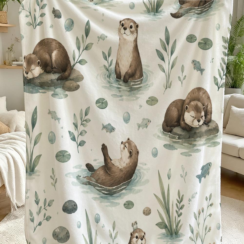 1pc Cute Otter-Themed 2D Flat Printing Flannel Blanket, Soft And Warm, Durable And Comfortable, Family Christmas Valentine'S Day Gift - with Watercolo
