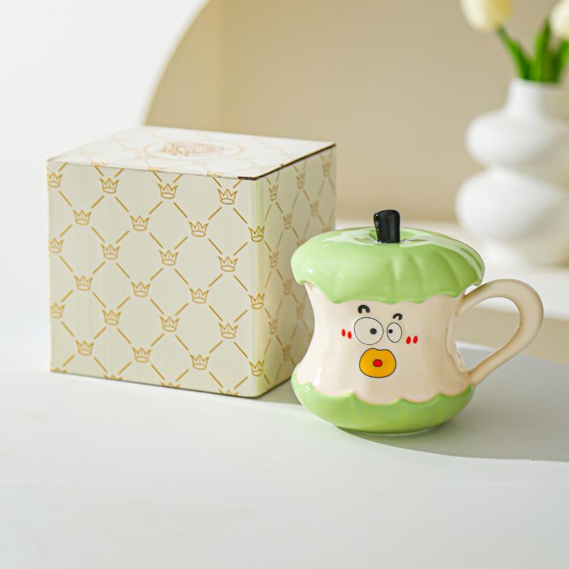 

Creative Funny Expression Apple Core Drinking Water Cup with Lid Spoon Souvenir Ceramic Mug Fruit Couple Cup 301-400ml