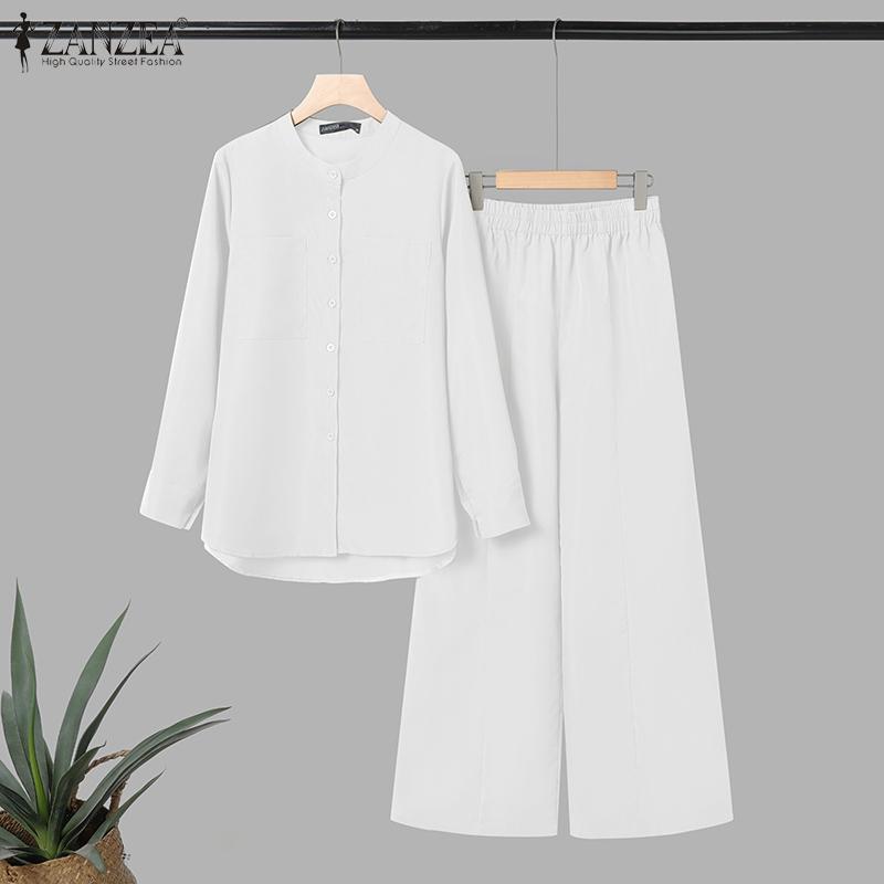 ZANZEA Bluzka z długim rękawem i spodnie damskie, casualowe dwuczęściowe zestawy garniturowe