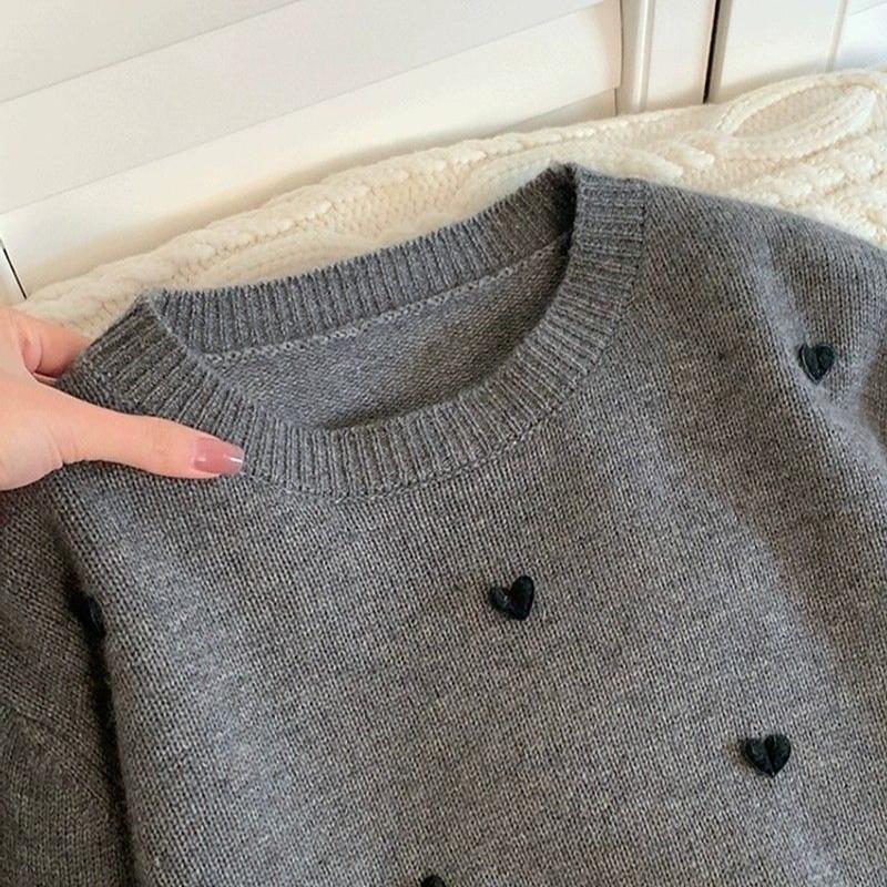Minimalistische Strickware im koreanischen Stil mit Herzmuster, Langarm, lockerer Pullover, vielseitiger, lässiger Pullover für Damen