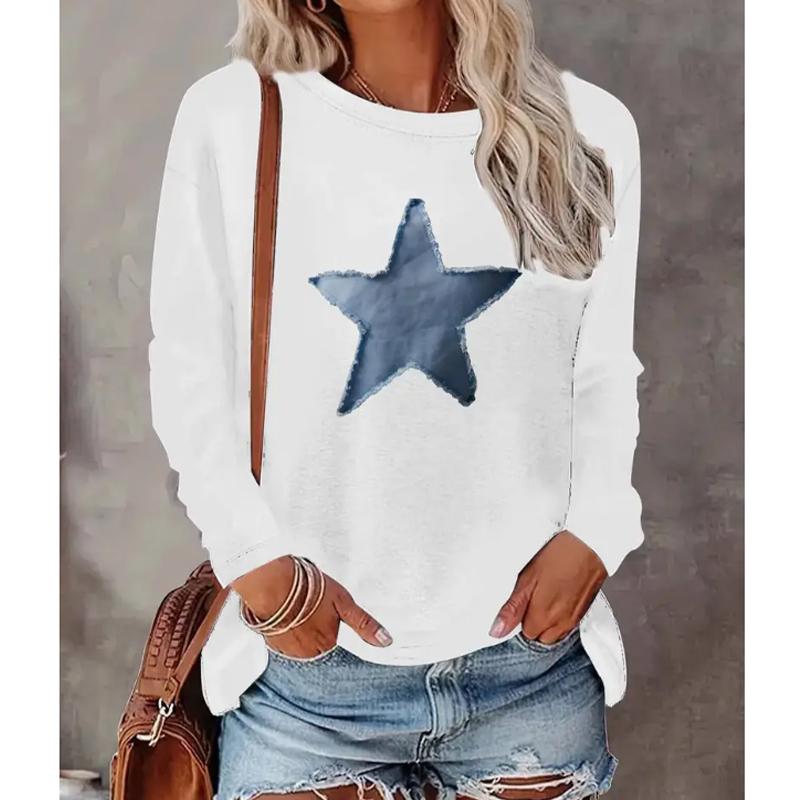 2025 Autumn & Winter Women's New Casual Crew Neck Long Sleeve Top 3D Pentagram Pattern