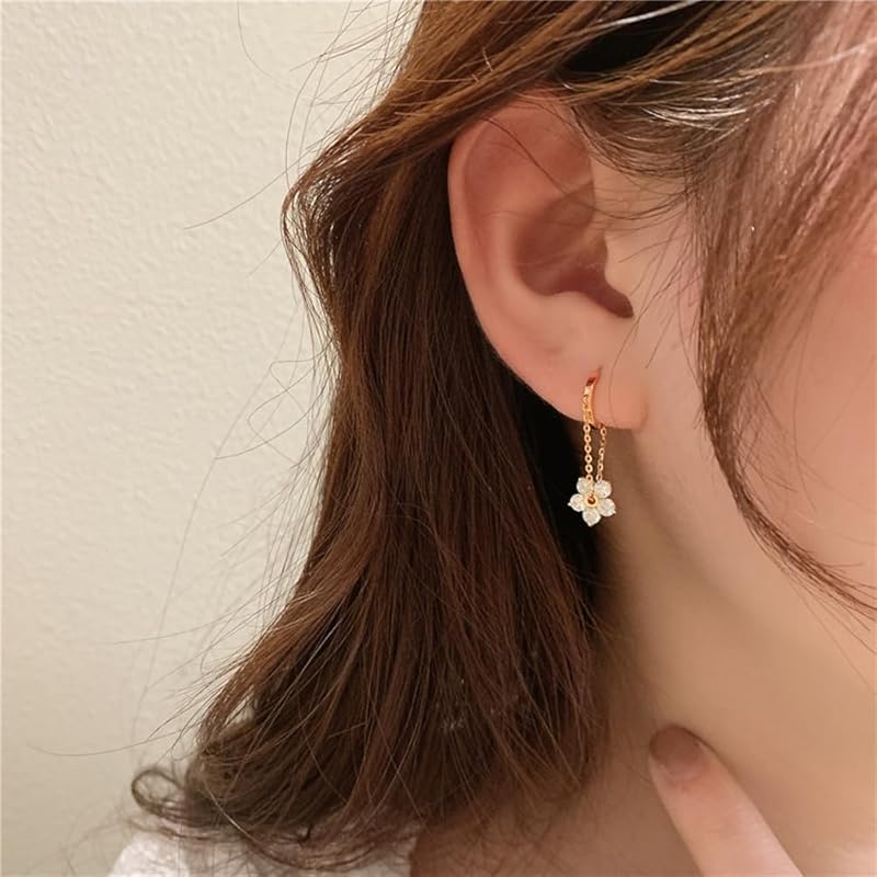K.L.Y Earrings Ladies Popularity Cherry Blossoms 18k Gold RGP Zirconia Hoop Compatible with Metal Allergies Sway 18K Gold Popular Earrings Cute