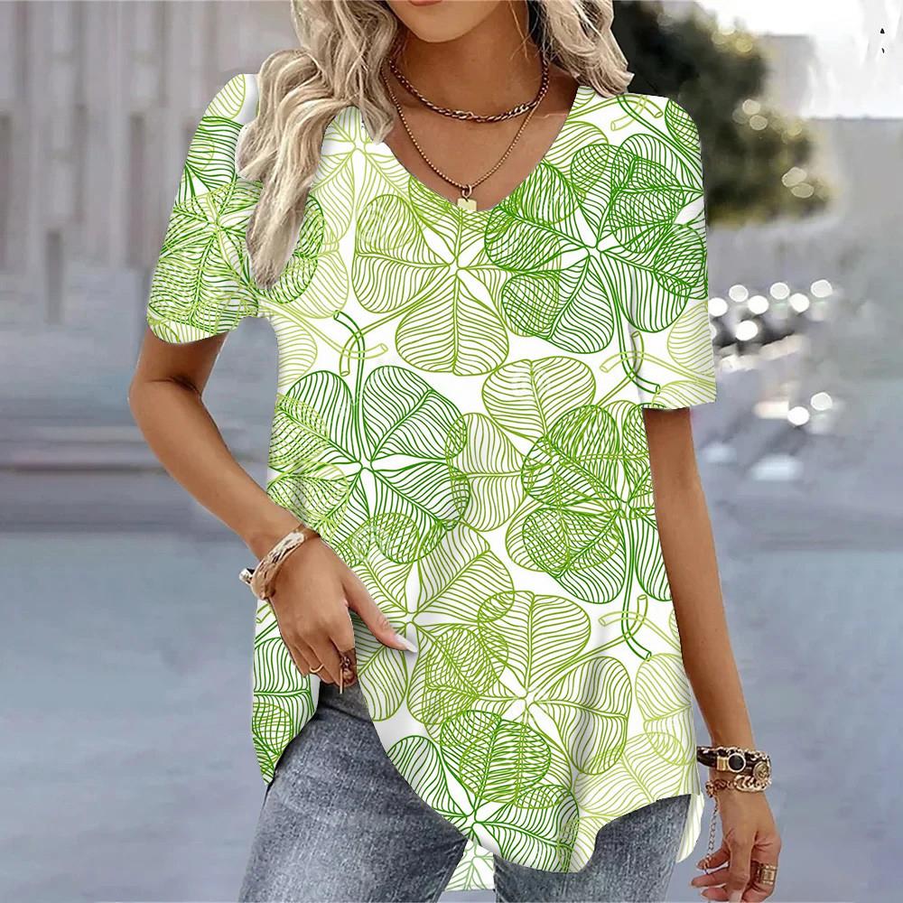 Women's T-shirt 3D Floral Pattern Printing Casual Short-sleeved V-neck Loose Top