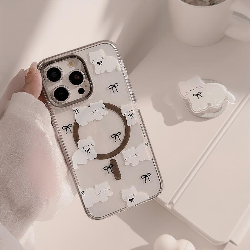 Cute Cartoon Cat Transparent Magnetic Holder Phone Case  For iPhone17 16 15 14 13 12 Pro Max Wireless Charging Back Cover
