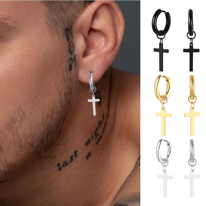 Stainless Steel Earring with Cross Charm for Guys Men's Zircon
